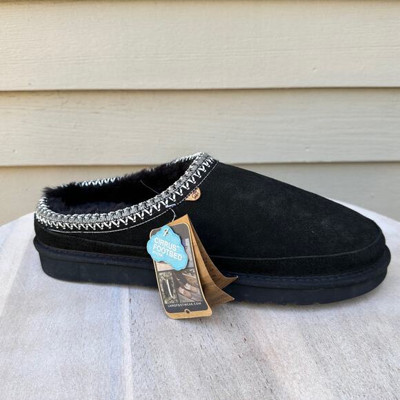 Lamo Womens Size 12 Suede Slippers Black Cirrus Footbed Cozy Fur Lined Slip-On - Picture 3 of 12